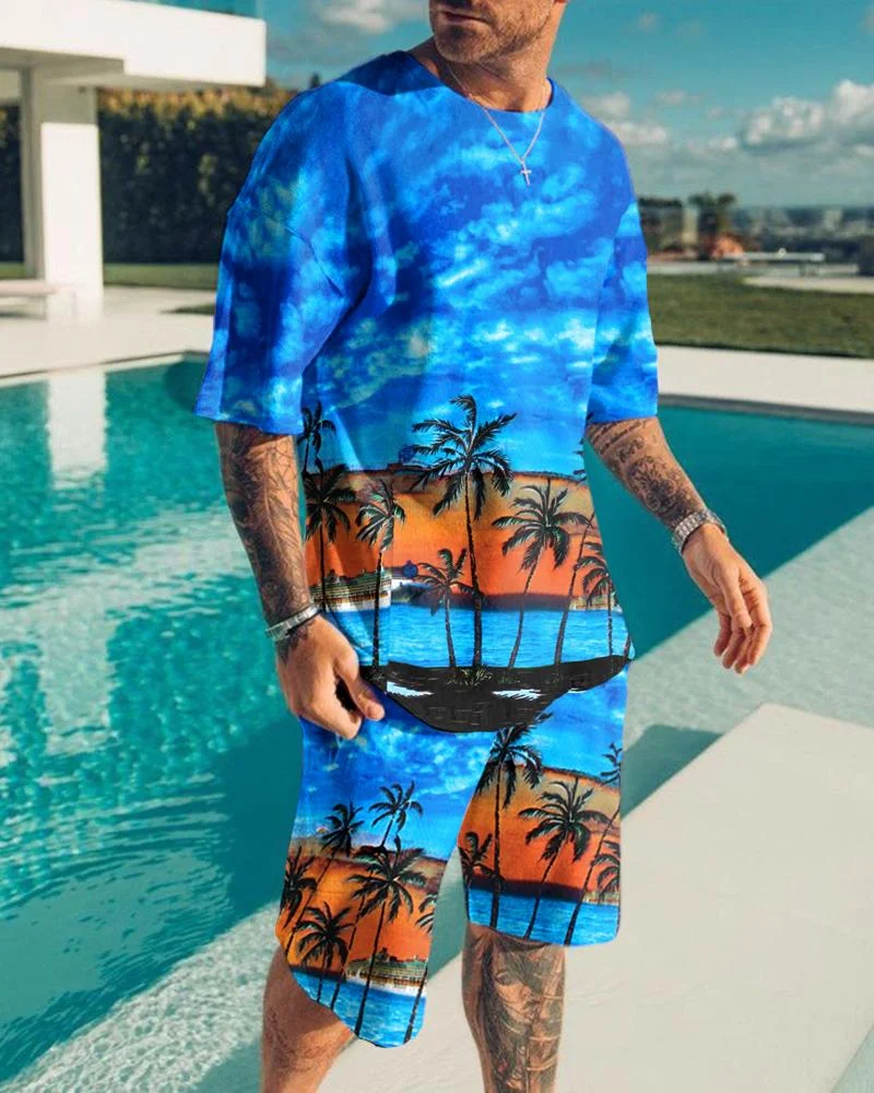 Men's Casual Print Short Sleeve Suits