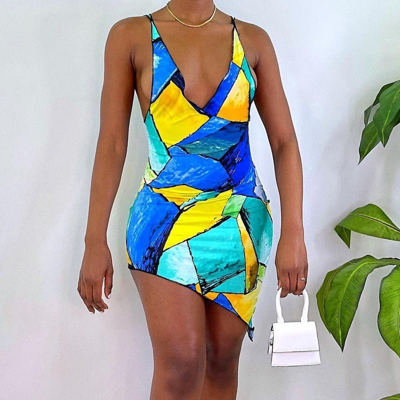 Dulzura Print Women Strap Mini Dress Irregular V Neck Patchwork Bodycon Sexy Streetwear Party Club 2021 Summer Clothes Fashion