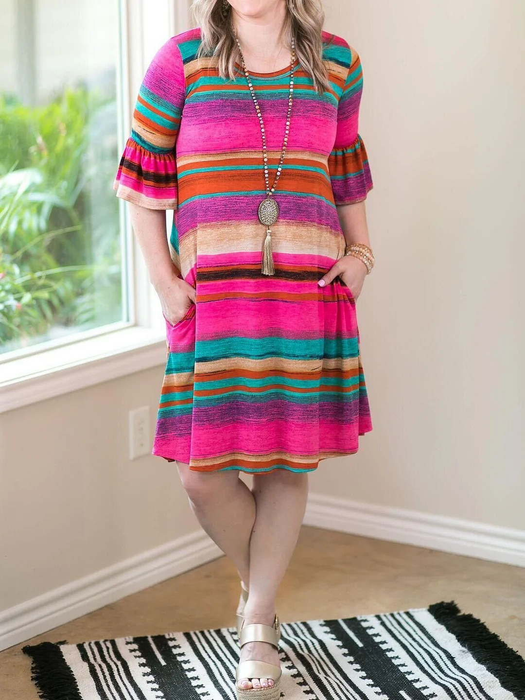 Color Stripe Women Rose-Red Long Sleeve Dress