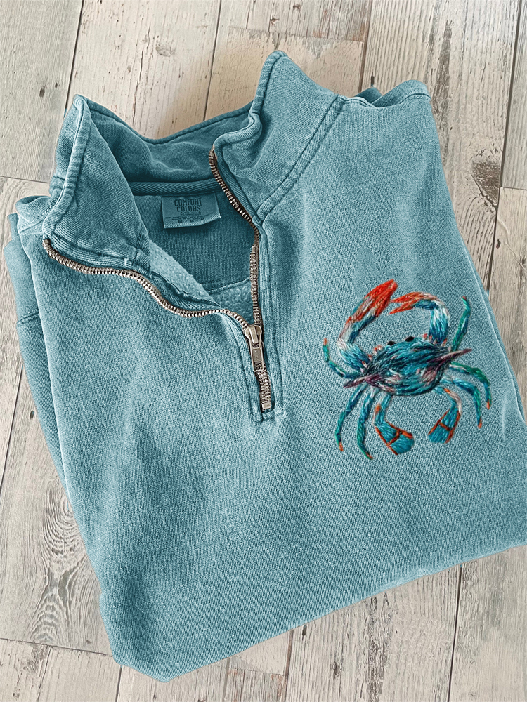 Lovely Crab Embroidery Art Zip Up Sweatshirt wearshes