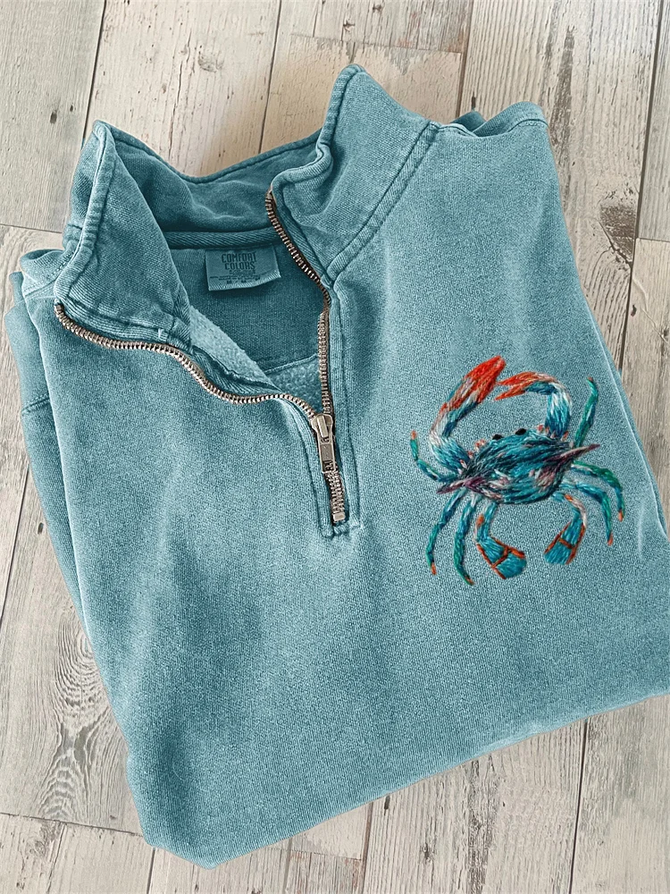 Lovely Crab Embroidery Art Zip Up Sweatshirt