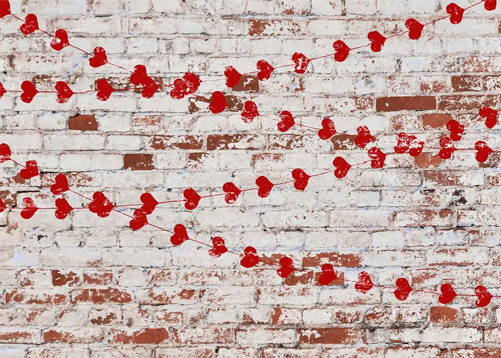 Red Love Heart on White Brick Wall Backdrop for Valentine's Day Party RedBirdParty