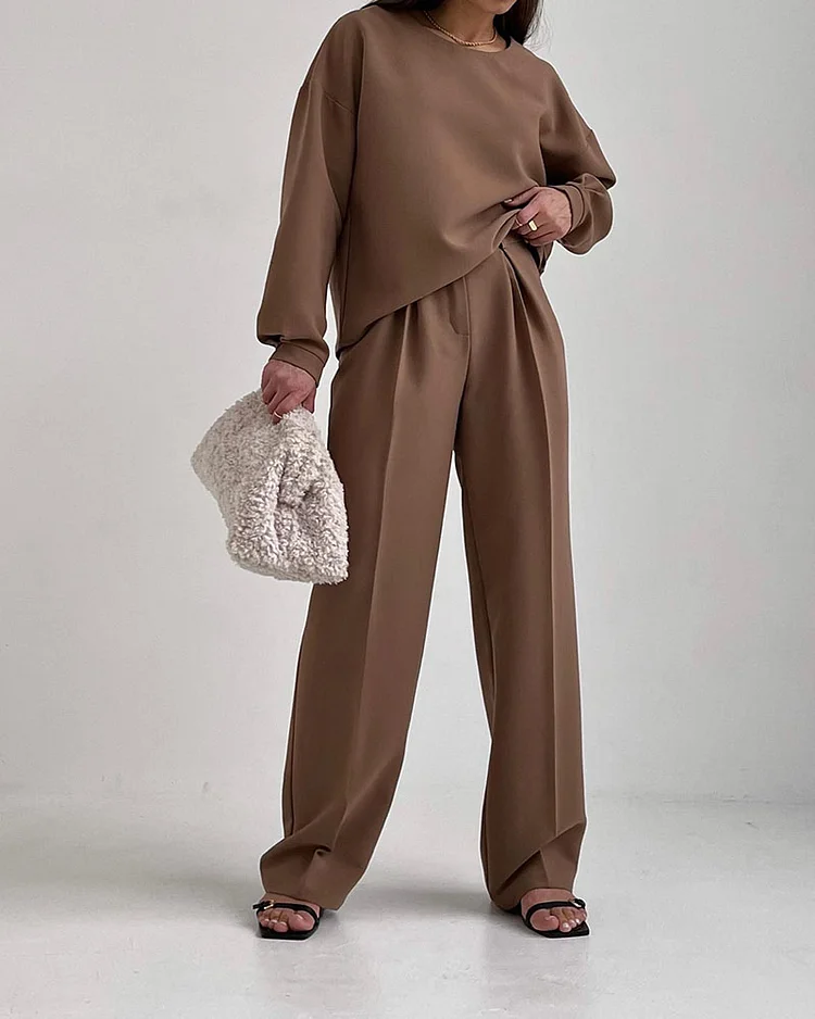 Round Neck Long-sleeved Top and Pants Two-piece Suit Without Belt