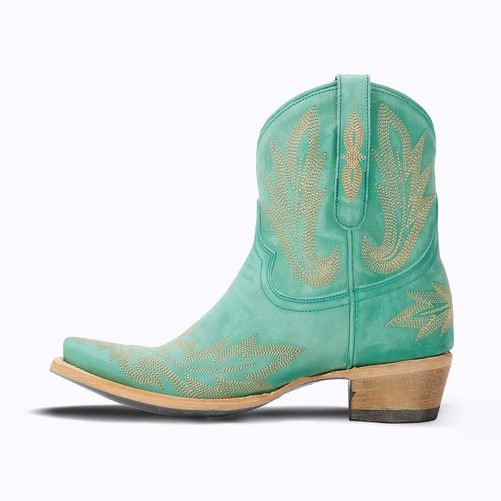 Green Chunky Heel Snip Toe Embroidered Western Booties for Women
