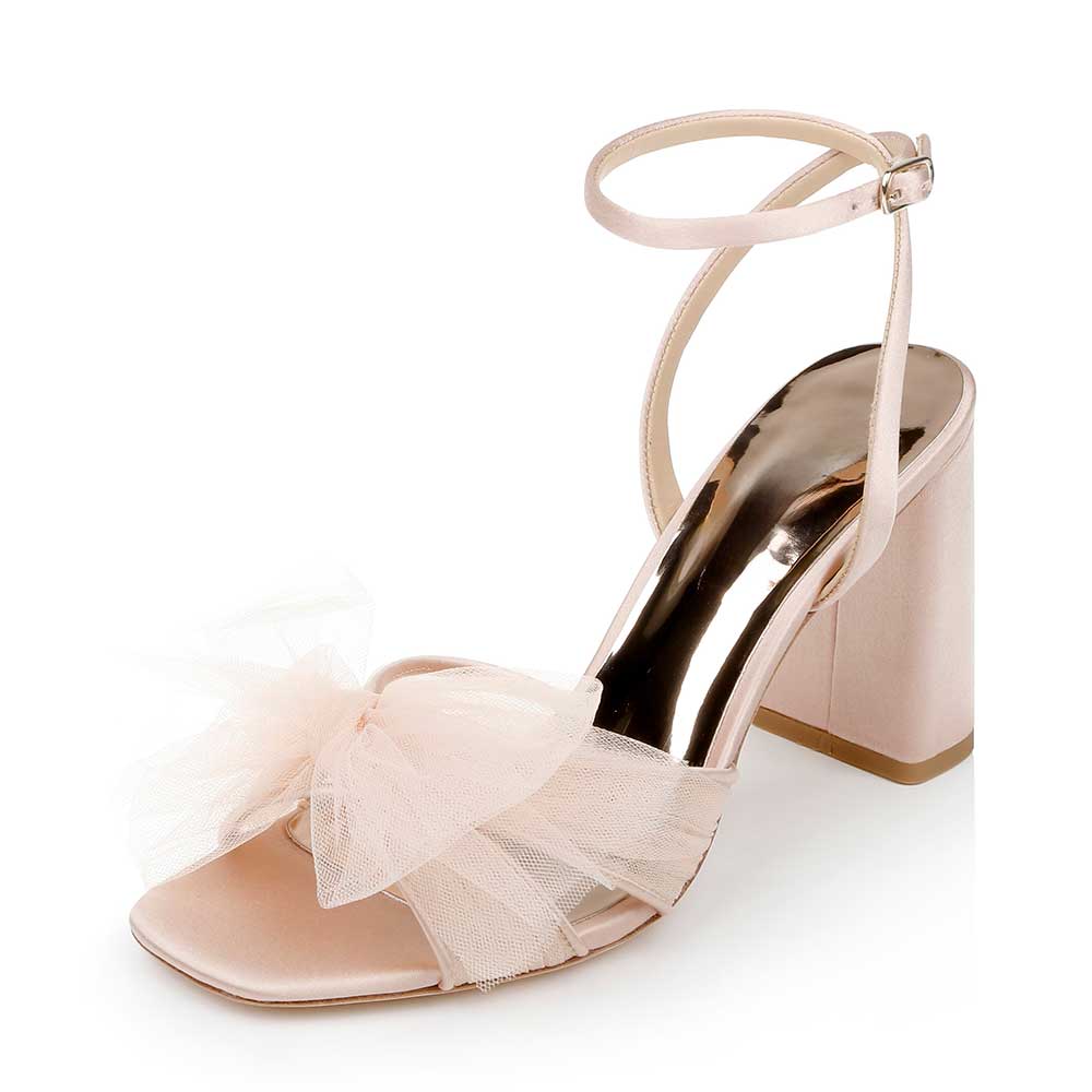 Light Pink Satin Square Toe Block Heel Wedding Shoes with Mesh Bow Nicepairs