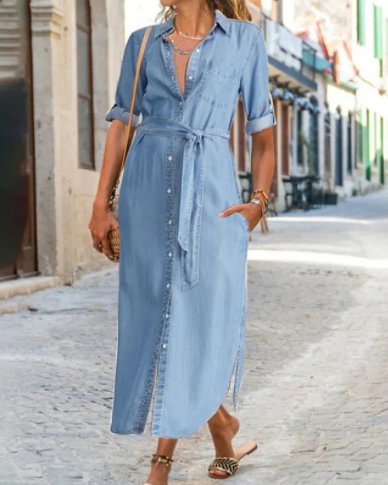 Denim Colorblock Long Shirt Casual Dress