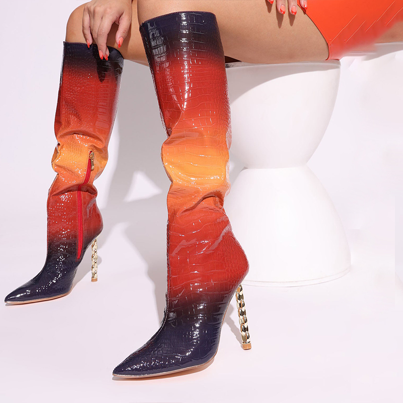 GOOSHOE Multicolor Patent Knee Booties Pointed Stiletto Heels Gradient Boots