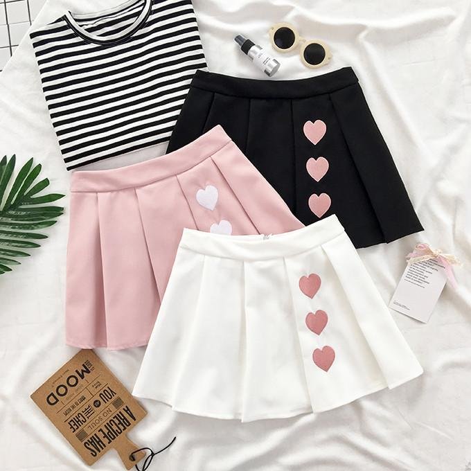 White/Black/Pink Sweet Heart Pleated Skirt SP179263