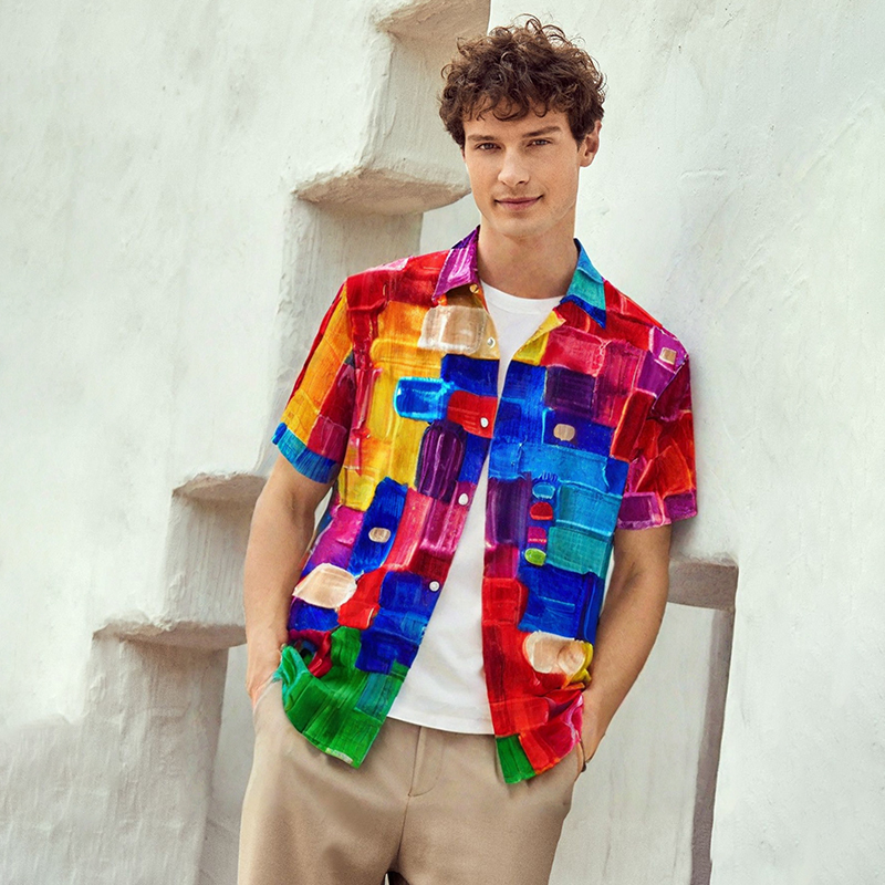 3D Art Oil Painting Color Grid Print Lapel Cotton Linen Casual Shirt