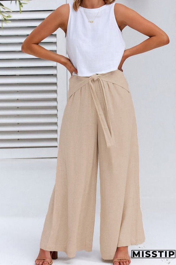 Spring and summer cotton and linen design sense strap loose wide-leg casual trousers