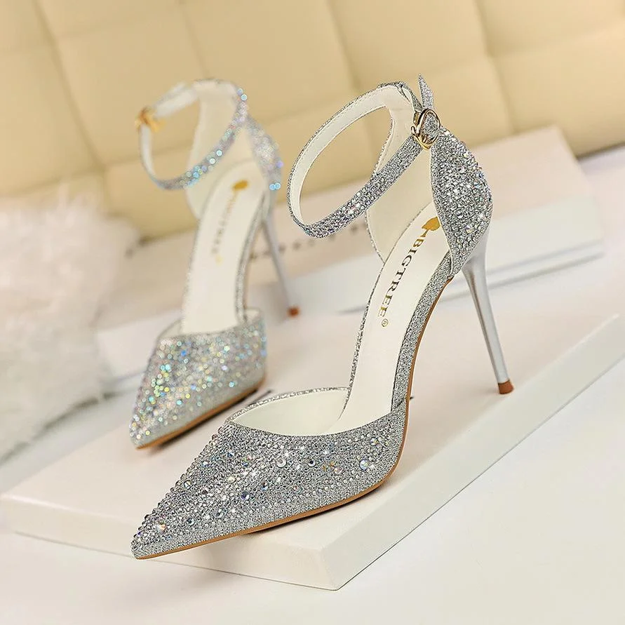 Shallow mouth pointed toe cutout stiletto sandals with rhinestones