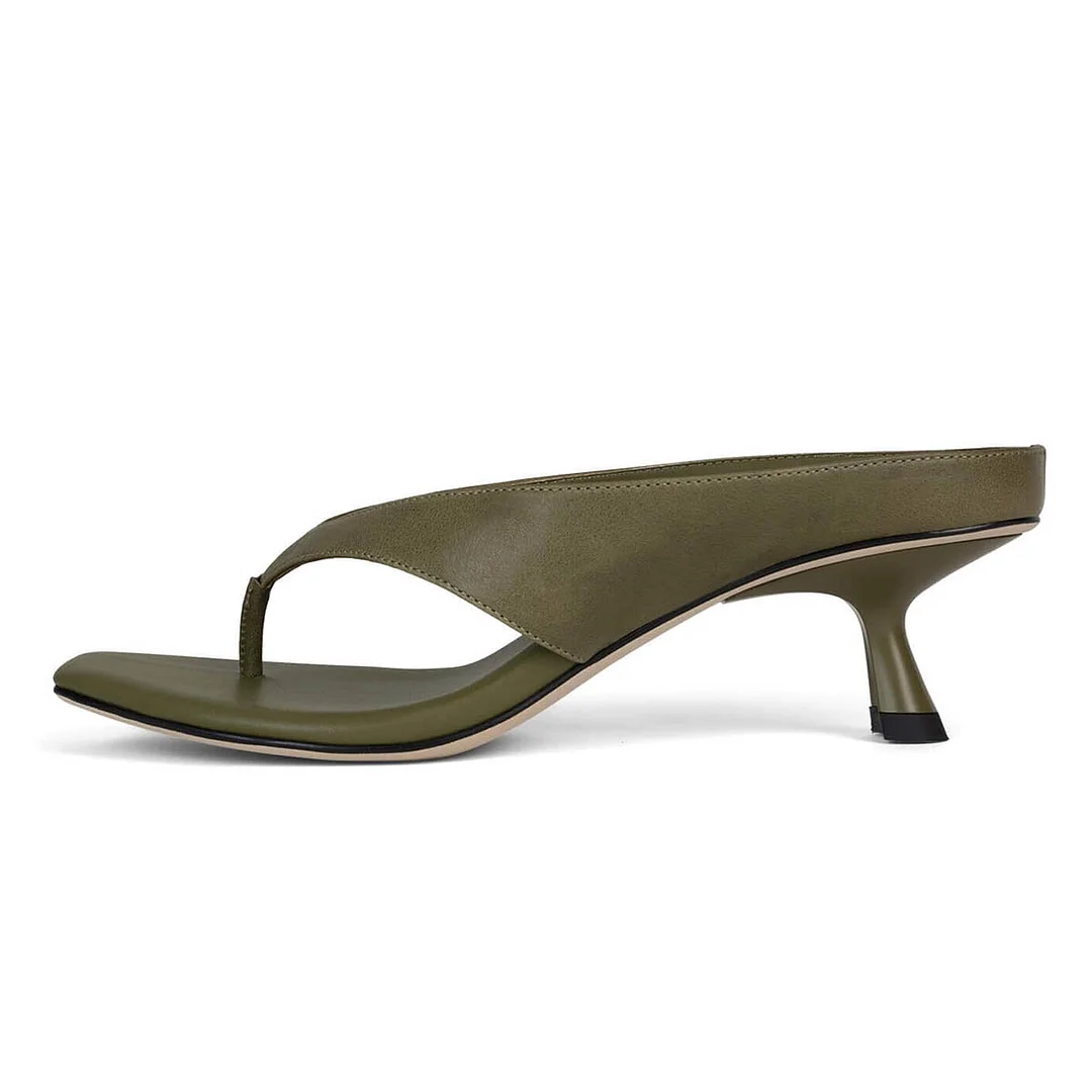 YDN Simple Olive Vegan Leather Spool Heel Open Toe Mules Sandals