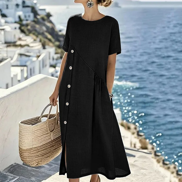 Women's Solid Color Round Neck Short Sleeve Button Design Linen Blend Midi Dress