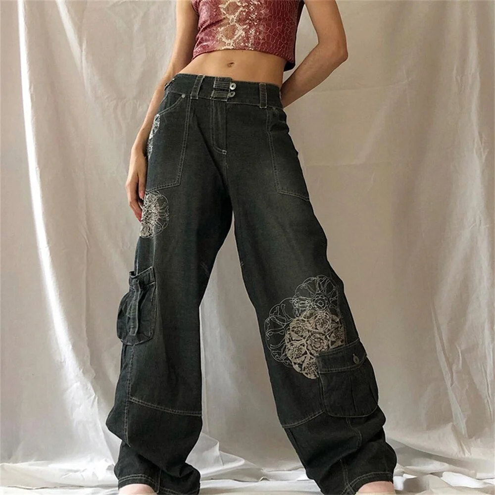 Jangj Distressed Big Pocket Cargo Jeans Y2k Grunge Baggy Trousers Harajuku Denim Loose Retro Low Waist Jeans Techwear 90s Flower Pants