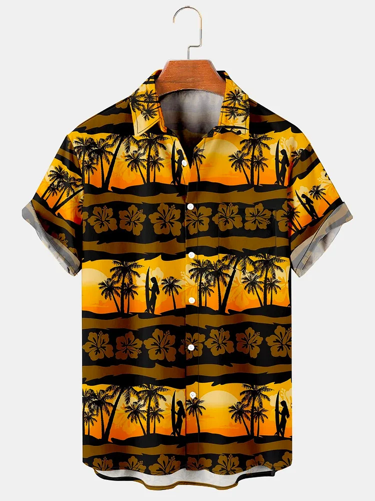 Men's Coconut Tree Print Casual Breathable Short Sleeve Hawaiian Shirt