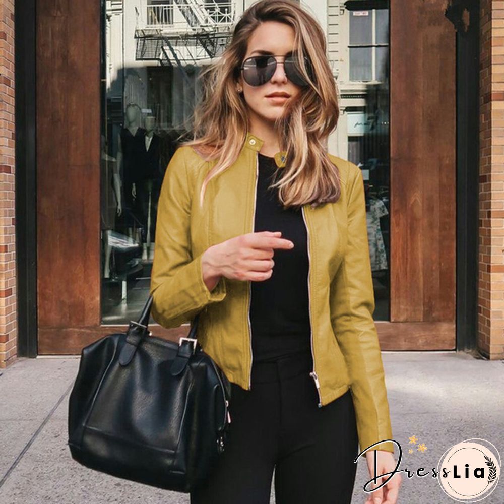 Women Spring Zipper Casual PU Leather Soft Motorcycle Leather Jacket Coat