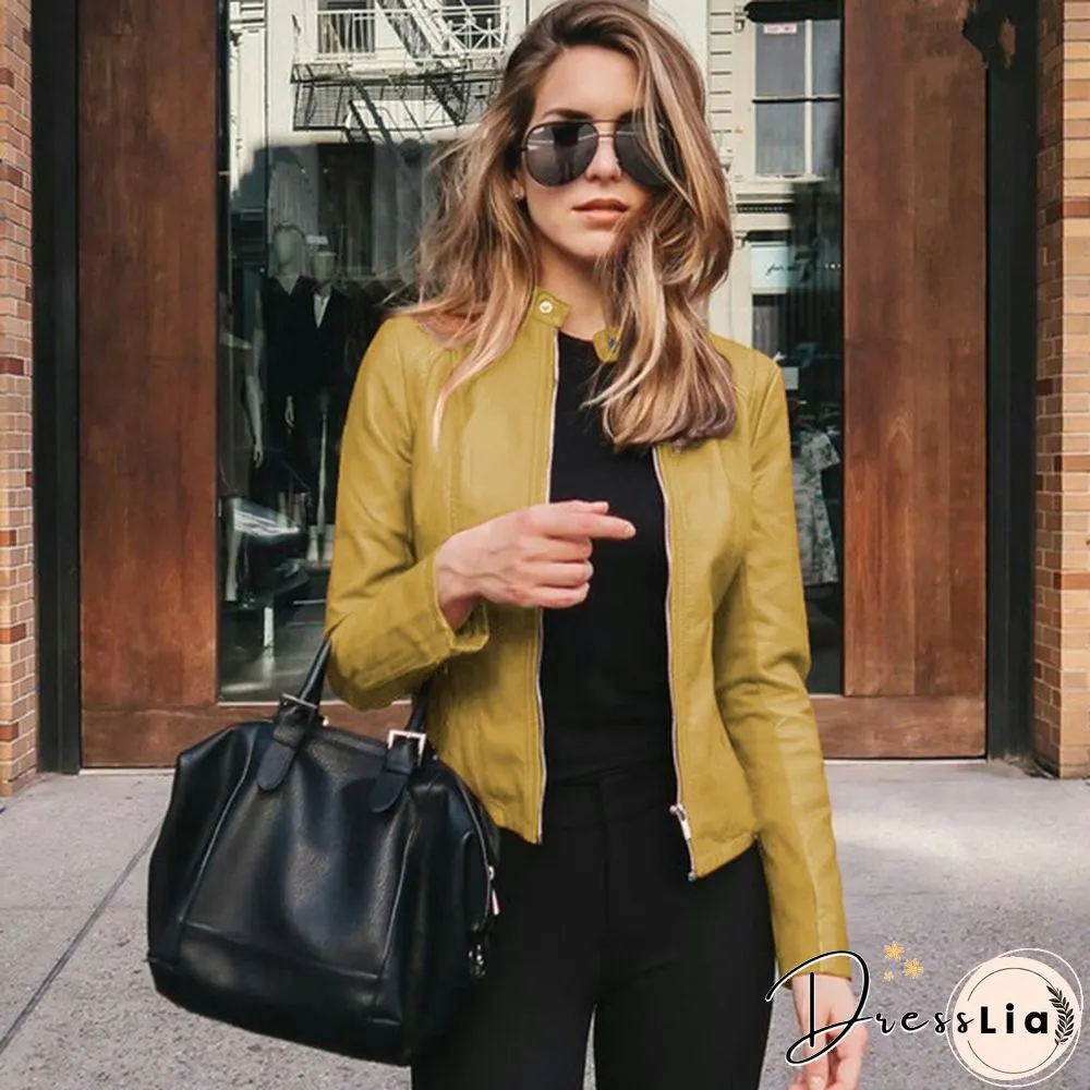 Women Spring Zipper Casual PU Leather Soft Motorcycle Leather Jacket Coat