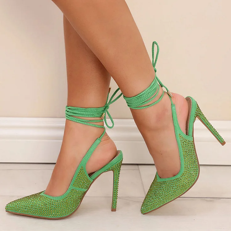 Green Pointed Rhinestone Slingback Wrap Pumps Vdcoo