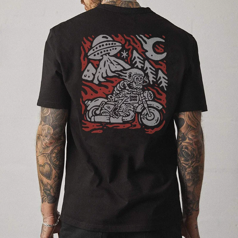 Motorcycle print loose T-shirt -  