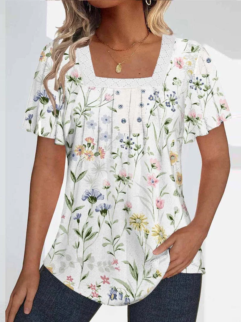 Women plus size clothing Women Short Sleeve U-neck Floral Printed Graphic Tops-Nordswear