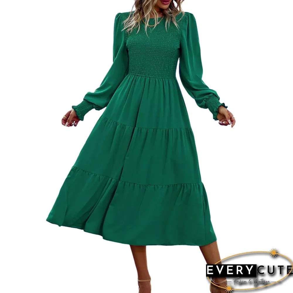 Green Crew Neck Smocked Swing Midi Dress