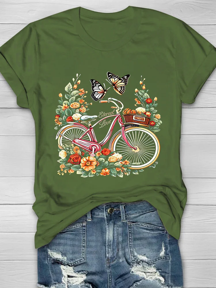 Bicycle Butterfly Flower Printed Crew Neck Women's T-shirt