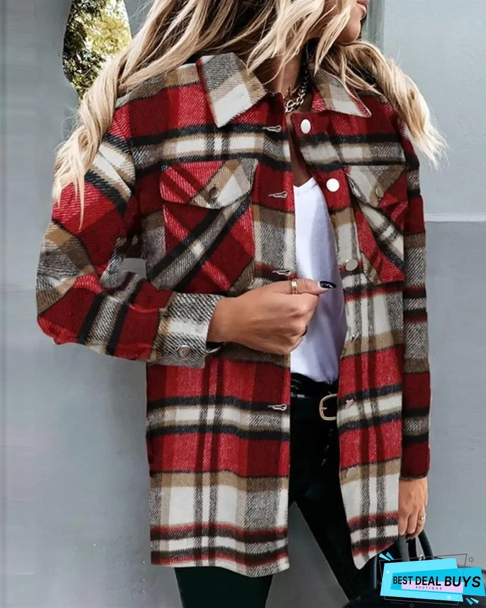 Plaid Print Button Front Long Sleeve Shacket
