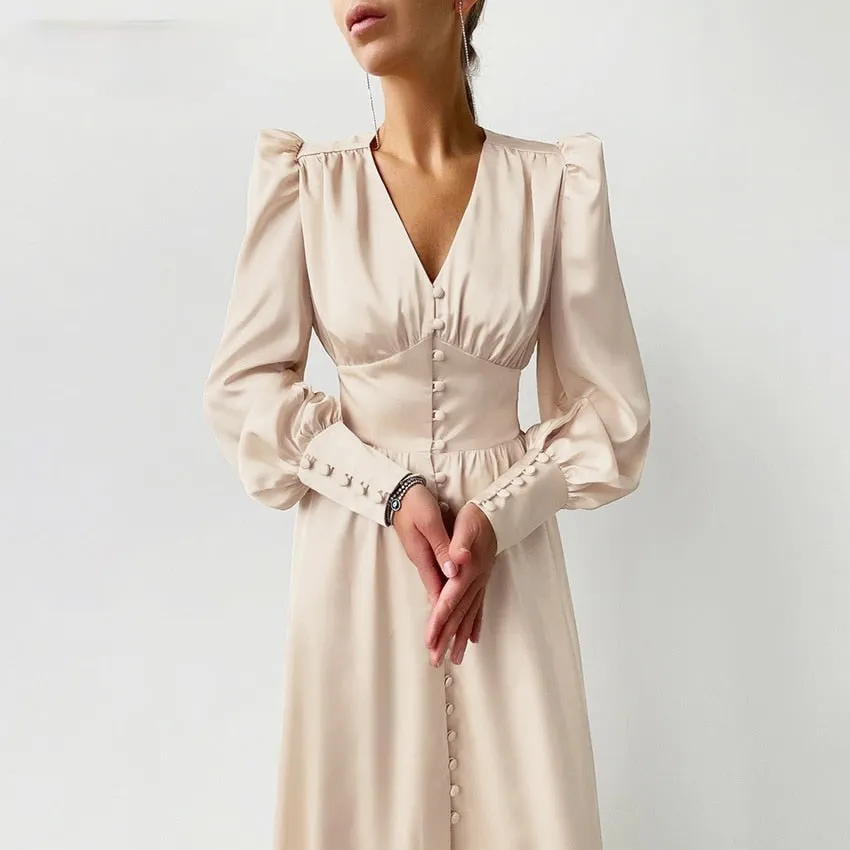 Beige Single Breasted Sexy Dress Party Clud High Waist Satin Long Dress Elegant V Neck Women Midi Dresses Lantern Sleeve