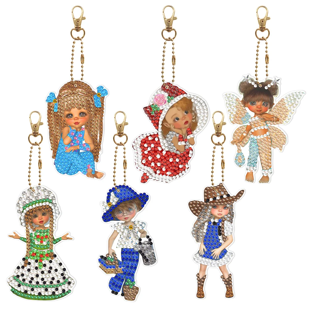 6pcs/set Diamond Painting Doll Keychains Acrylic DIY Key Chains Charm Crafts