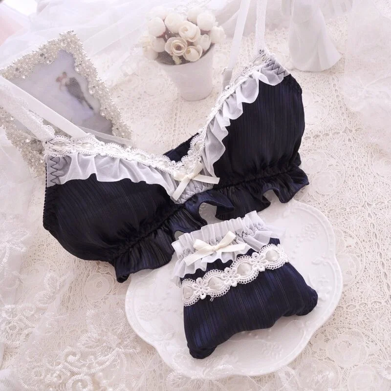 Billionm color Lolita Women's Cute Bow Print Bra & Panties Lingerie Set Girl Bras Briefs Underwear Set Women Bra and Panty Set