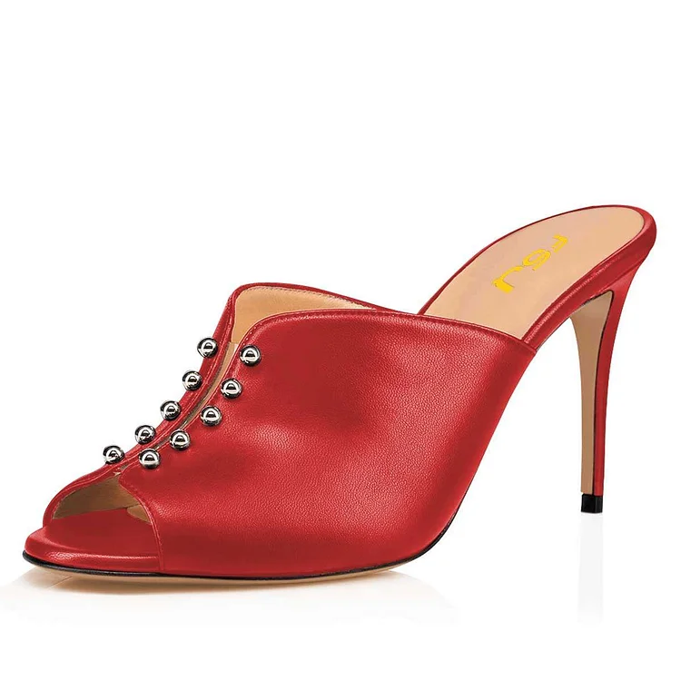 Red Studs Peep Toe Mule Heels |FSJ Shoes