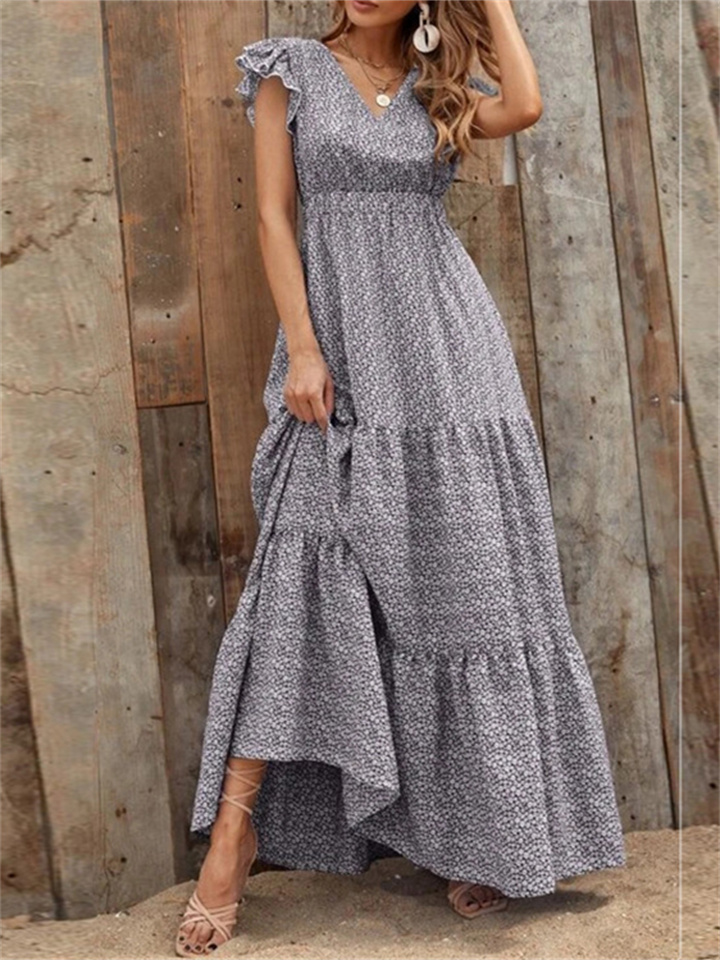 Women's Long Dress V-neck High-waisted Floral Print Layered Short-sleeved Dresses