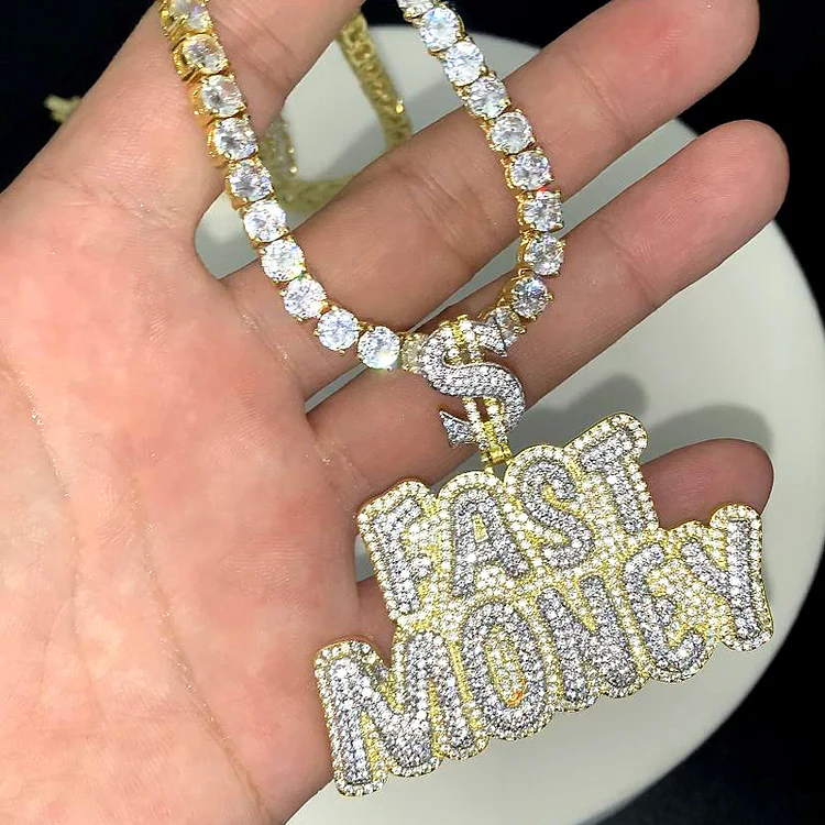 Iced Out Dollar Symbol Charm Fast Money Pendant Necklace