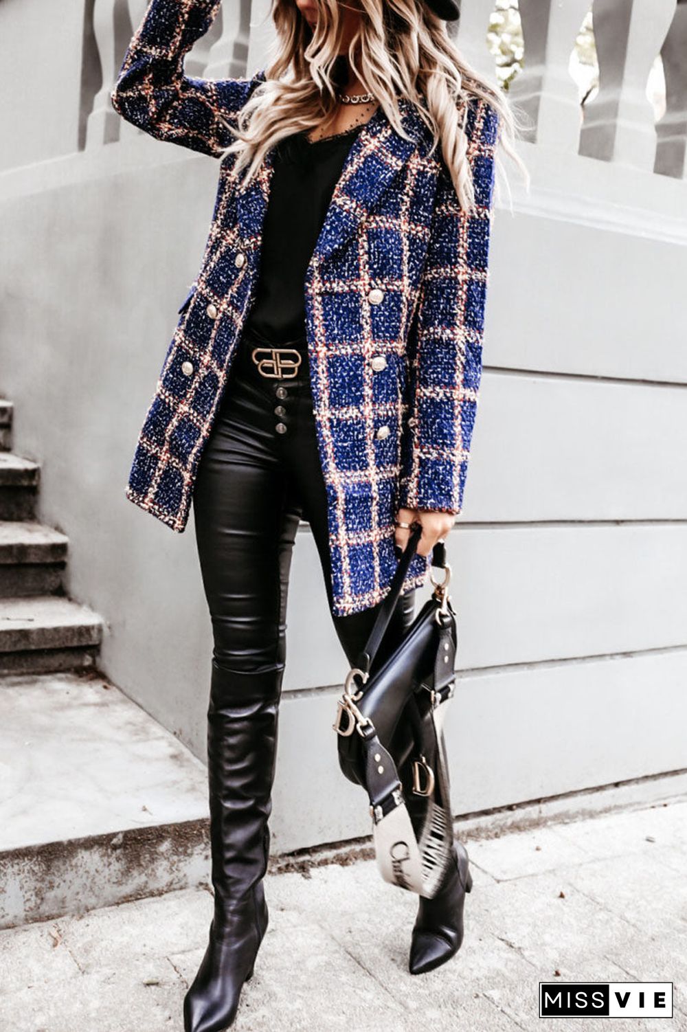 Fashion Street Plaid Turn-back Collar Outerwear(5 Colors)