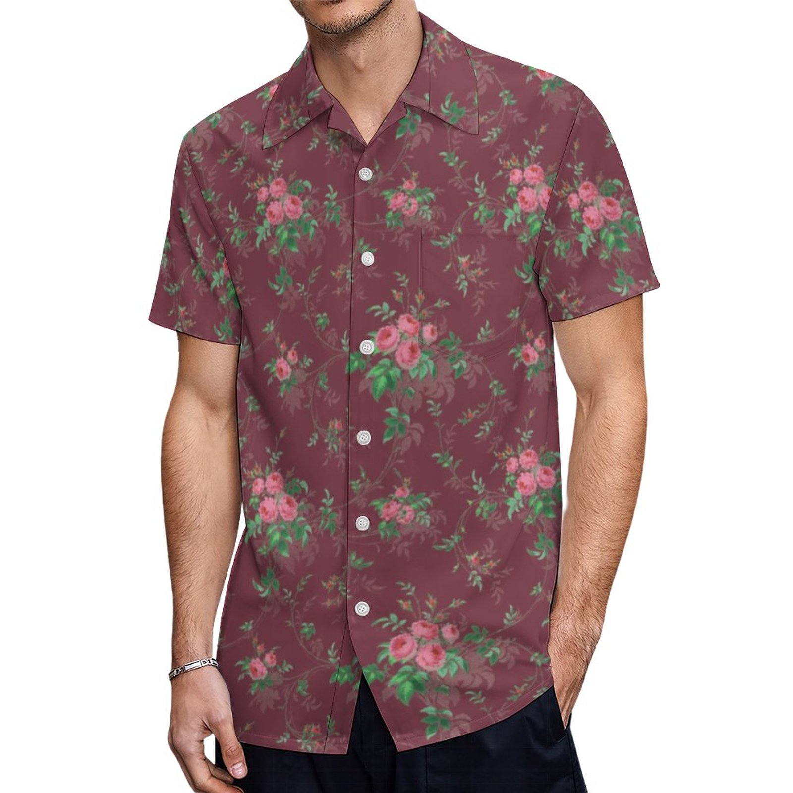 Cute Girly Pink Roses Maroon Background Hawaiian Shirt Mens Button Down Plus Size Tropical Hawaii Beach Shirts