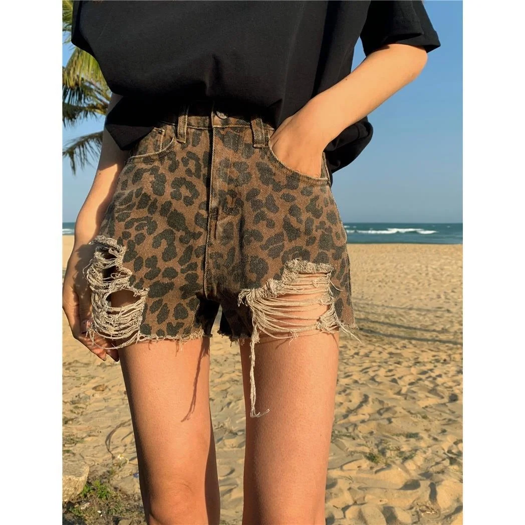 UForever21 Hot Sale Summer Woman Denim Leopard Print  Shorts High Waist Ripped Jeans Shorts Fashion  Female Shorts S-XL Drop Shipping N