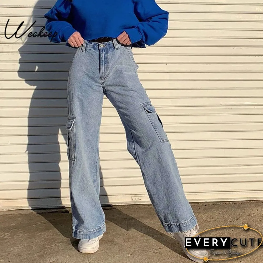 Weekeep Pockets Patchwork High Waist Women Streetwear Straight Jean Femme Blue Cotton