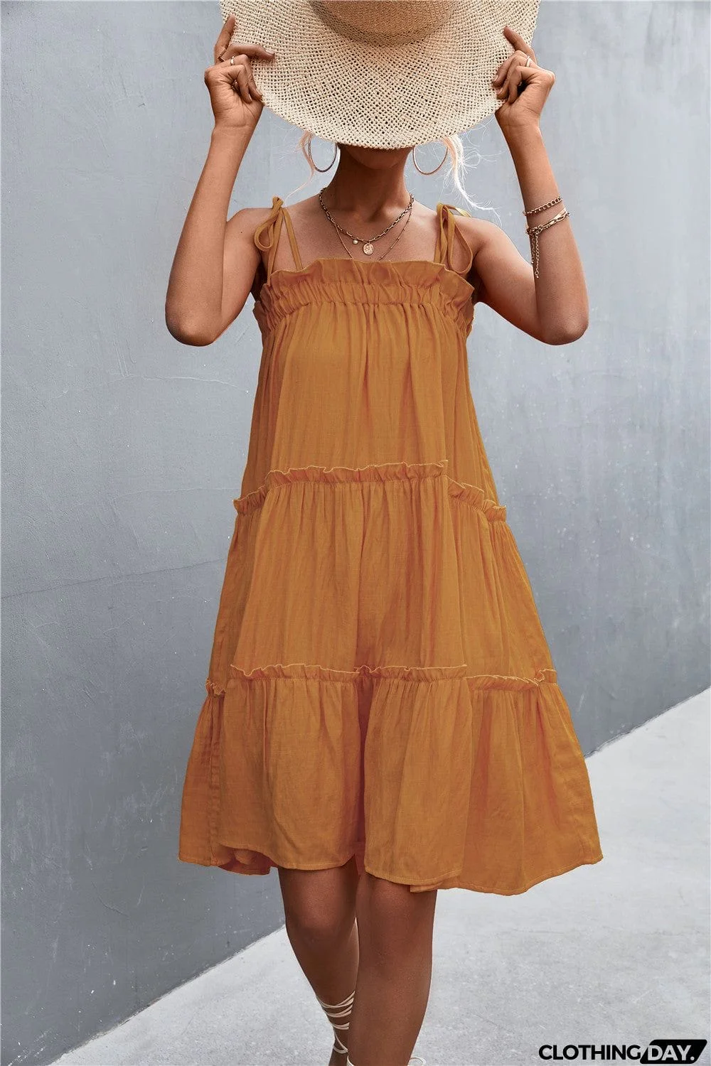 Tie-Shoulder Frill Trim Sleeveless Dress