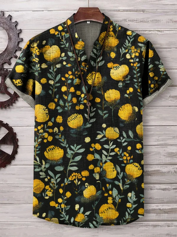 Men's Yellow Flower Holiday Art Print V Neck T-Shirt