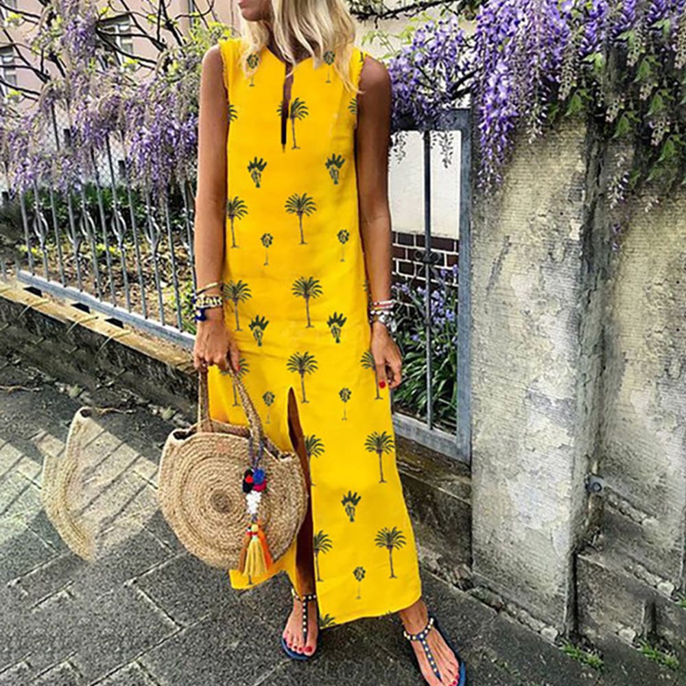 Women Boho Long Maxi Dress Fashion Ladies Sleeveless Summer Beach Floral Dress Casual Holiday Dresses Sundress