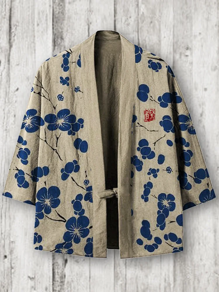 Cherry Blossom Japanese Lino Art Linen Blend Kimono Cardigan