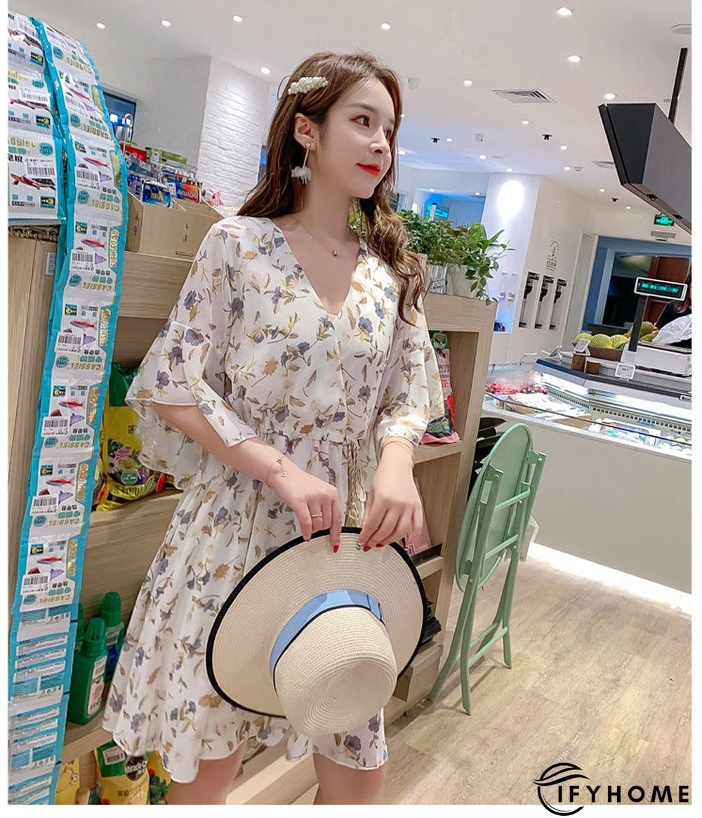 Spring Summer Chiffon Women V-Neck Floral Print Short Dresses Sweet Ruffle Sleeeve Slim Drawstring Ladies Dress | IFYHOME