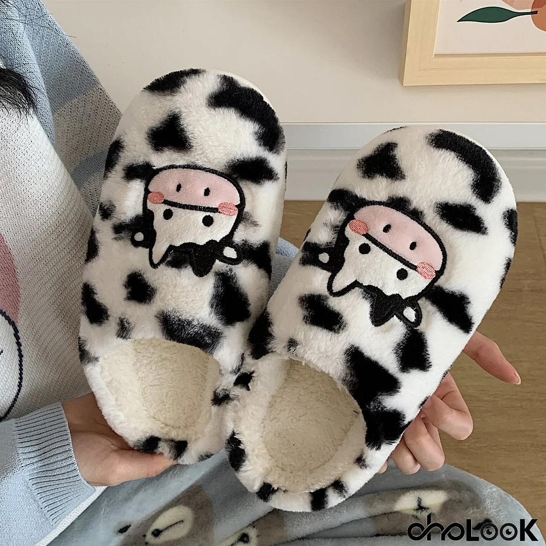 Thick Cotton Warm Home Slippers Women's Winter Anti-Skid Thick Bottom Plush Indoor Household Shoes Lovely Cow Animal Slipper