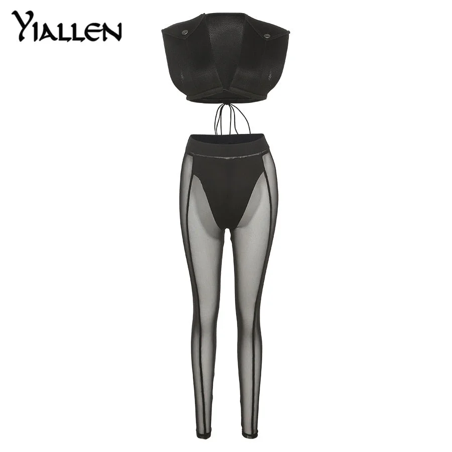 Yiallen High Street Solid Two Piece Set Women Sexy Deep V Sheath Cleavage Sleeveless Top+Mesh SeeThrough Stretchy Female Pants