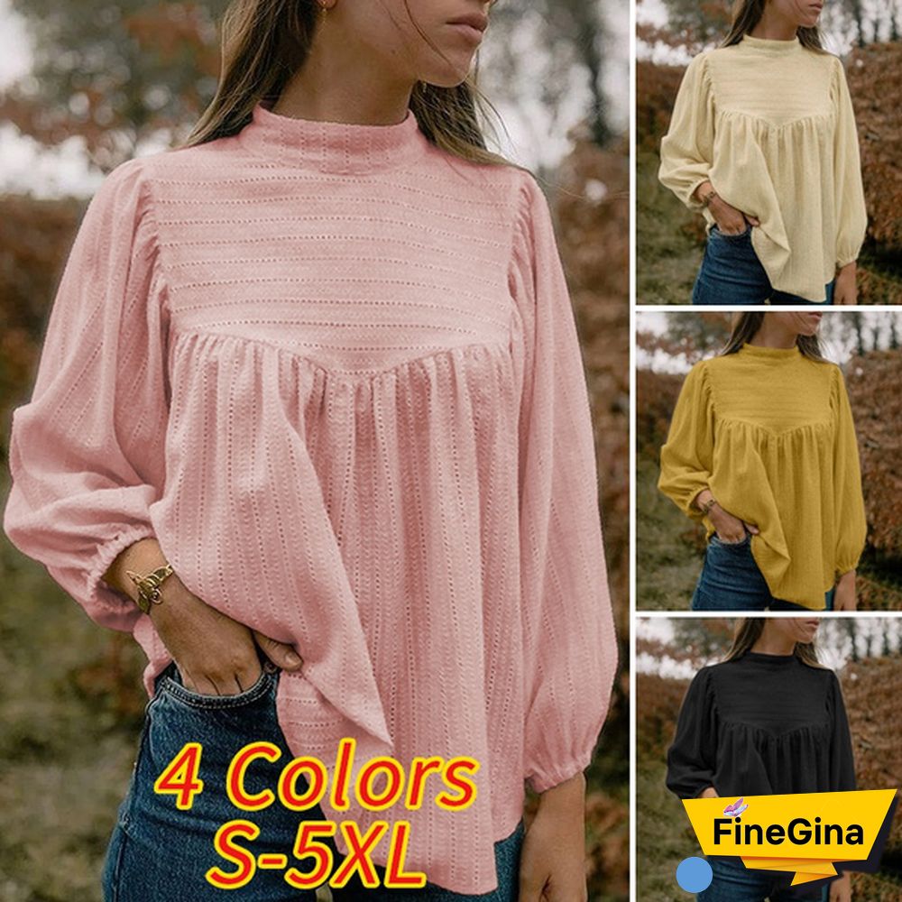 Women Puff Long Sleeve Blouse Lace Stitching Cotton Linen Casual Elegant Shirt Ladies Tops Plus Size