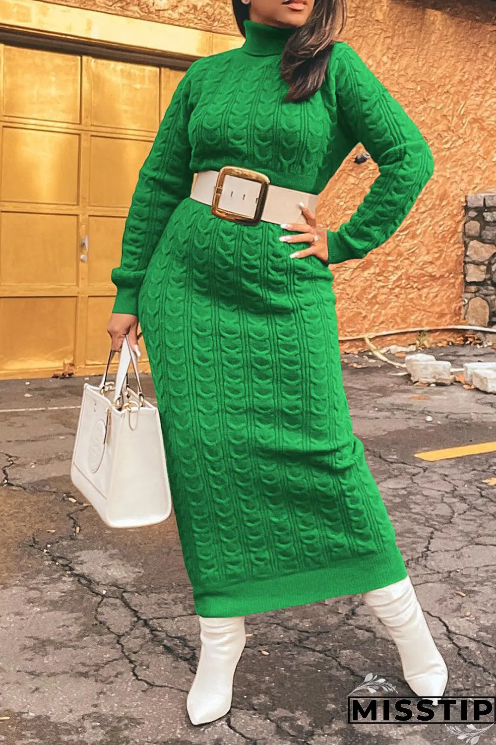 Light Brown Casual Solid Patchwork Turtleneck Straight Dresses(Without Belt)