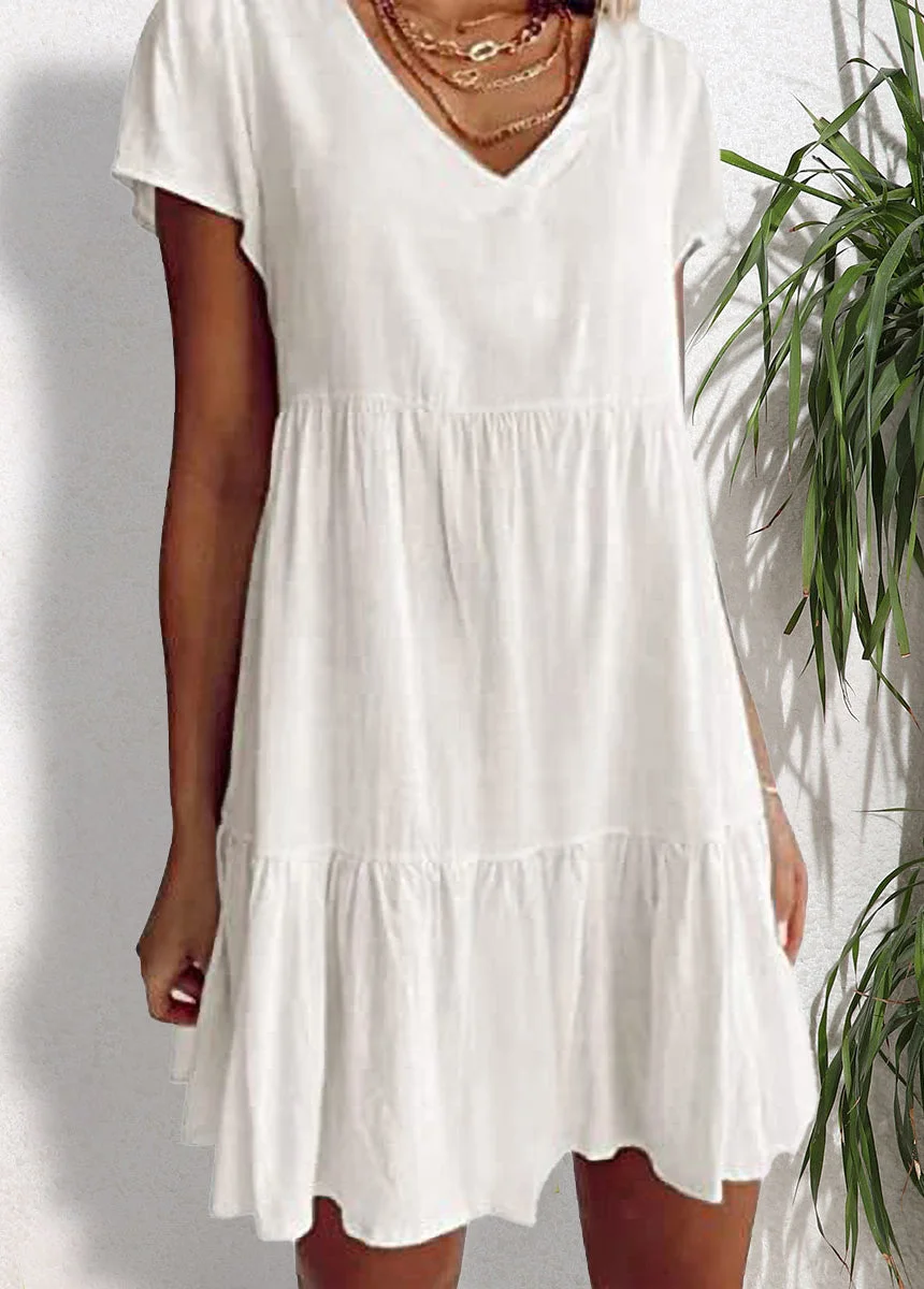 Solid V Neck Short Sleeve Dress