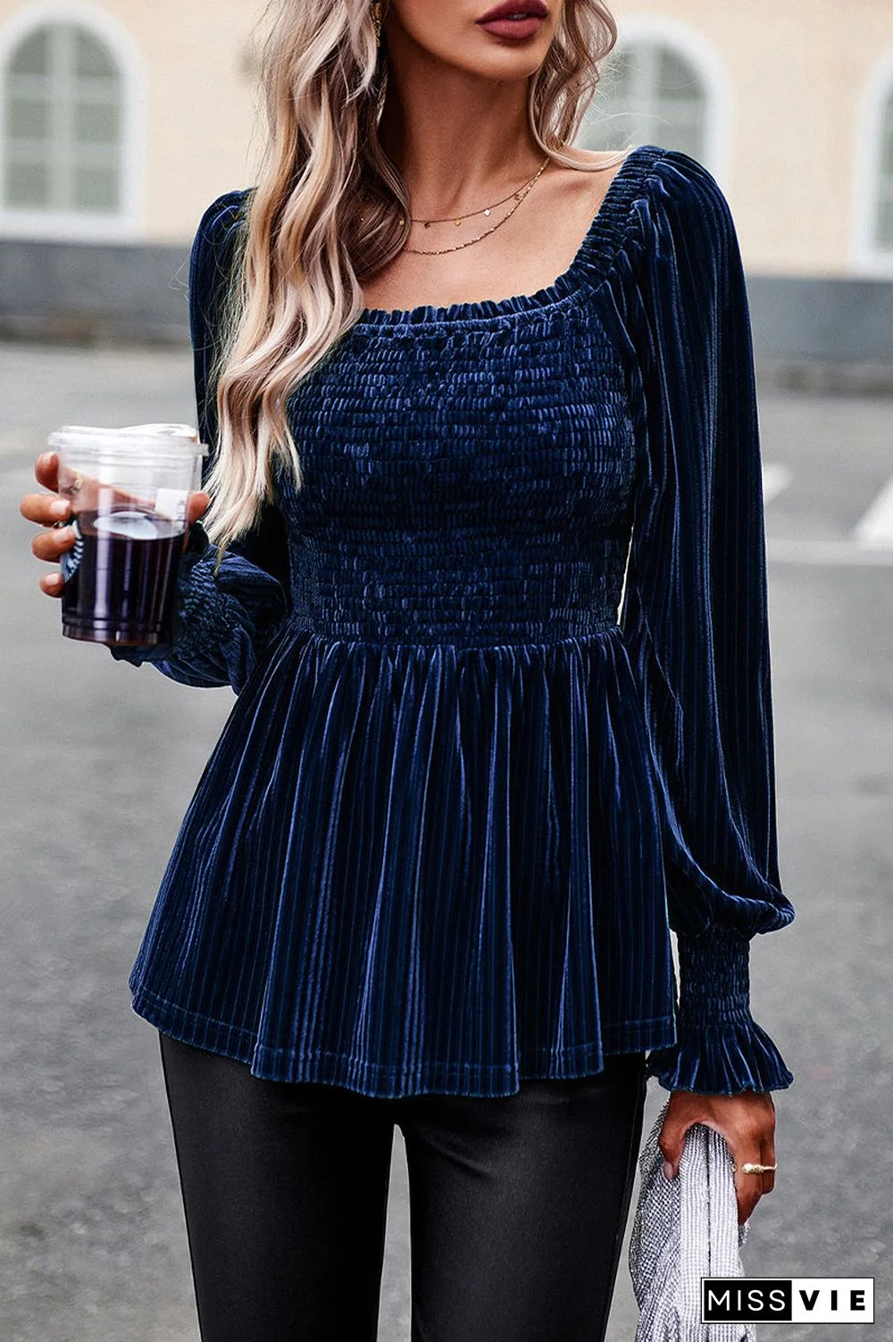 Elegant Solid Fold Square Collar Tops(4 Colors)