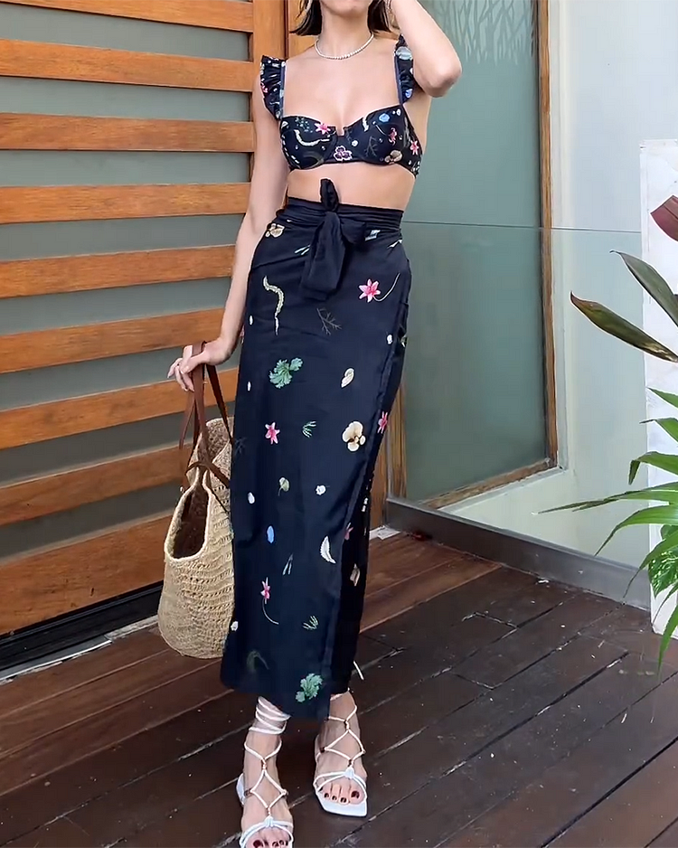 Strappy Printed Top and Strappy Printed Skirt Two-piece Suit