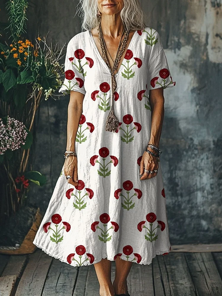 Women's Vintage  Art Print Pocket Cotton Dress